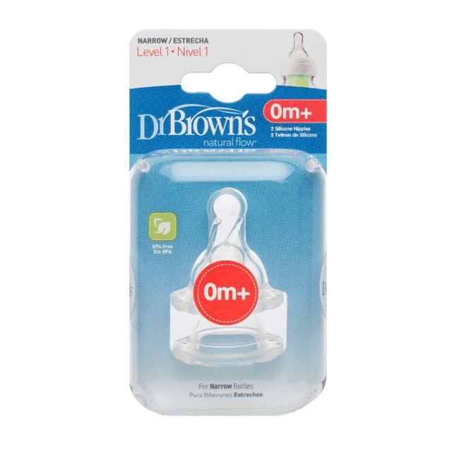 Dr.Browns Θηλή Σιλικόνης με Στενό Λαιμό 0m+ Επίπεδο 1, 2τμχ