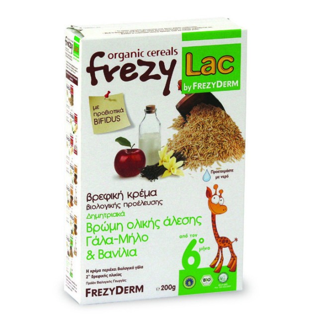 Frezyderm Frezylac Κρέμα Βρώμης Ολικής Άλεσης με Γάλα, Μήλο και Βανίλια από τον 6ο μήνα200gr